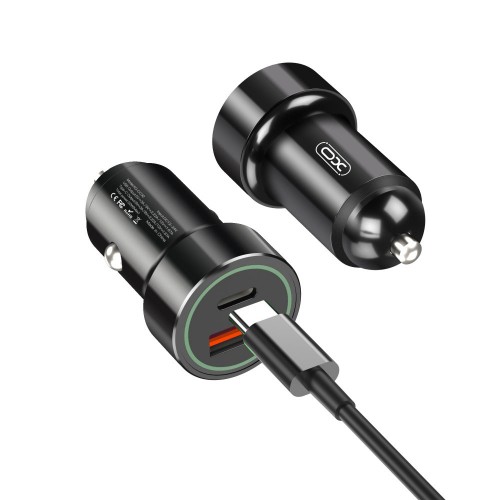 Automobilinis įkroviklis USB/Type-C 20W + Lightning laidas juodas